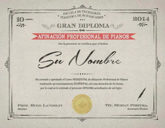 Gran Diploma del Curso Presencial de Afinación Profesional de Pianos